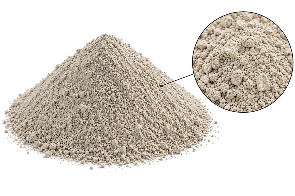 Referencia visual de bentonita sódica: montículo de polvo granular beige sobre fondo blanco y detalle de textura