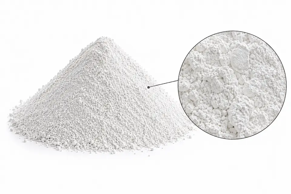 Referencia visual de cal hidratada: montículo blanco sobre fondo blanco y detalle de polvo