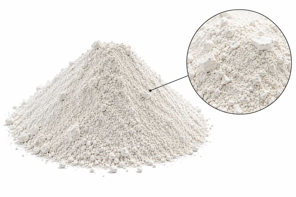Referencia visual de caolín: montículo de polvo blanco a crema sobre fondo blanco y detalle de partículas y aglomerados blandos