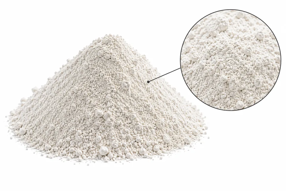 Referencia visual de carbonato de calcio: montículo blanco-gris sobre fondo blanco y detalle de textura granular