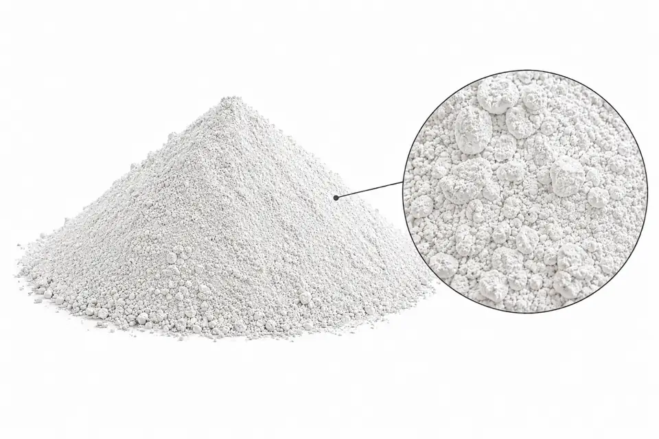 Referencia visual de cemento blanco: montículo blanco sobre fondo blanco y detalle de polvo