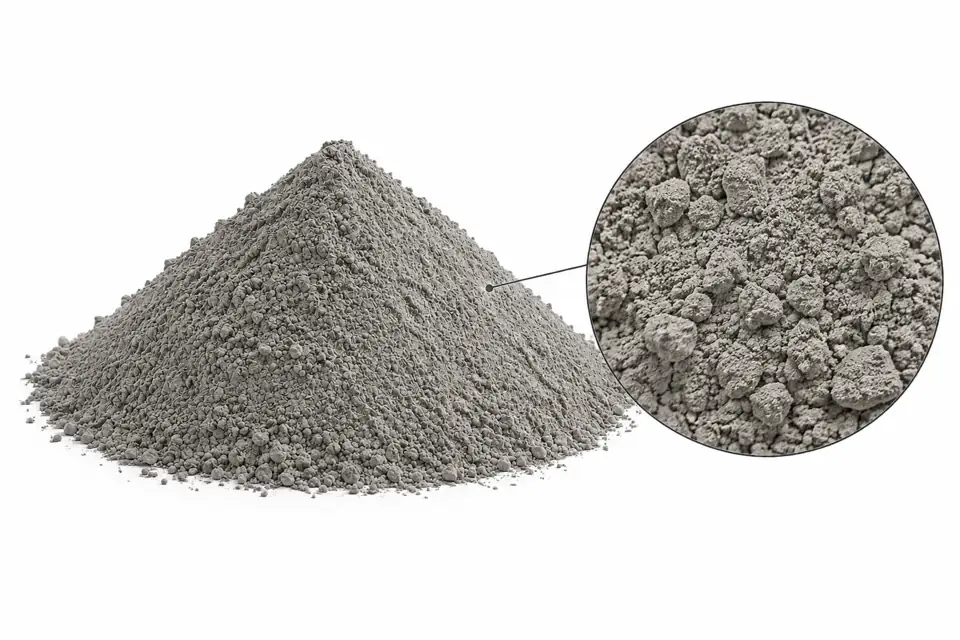 Referencia visual de cemento gris: montículo gris sobre fondo blanco y detalle de polvo