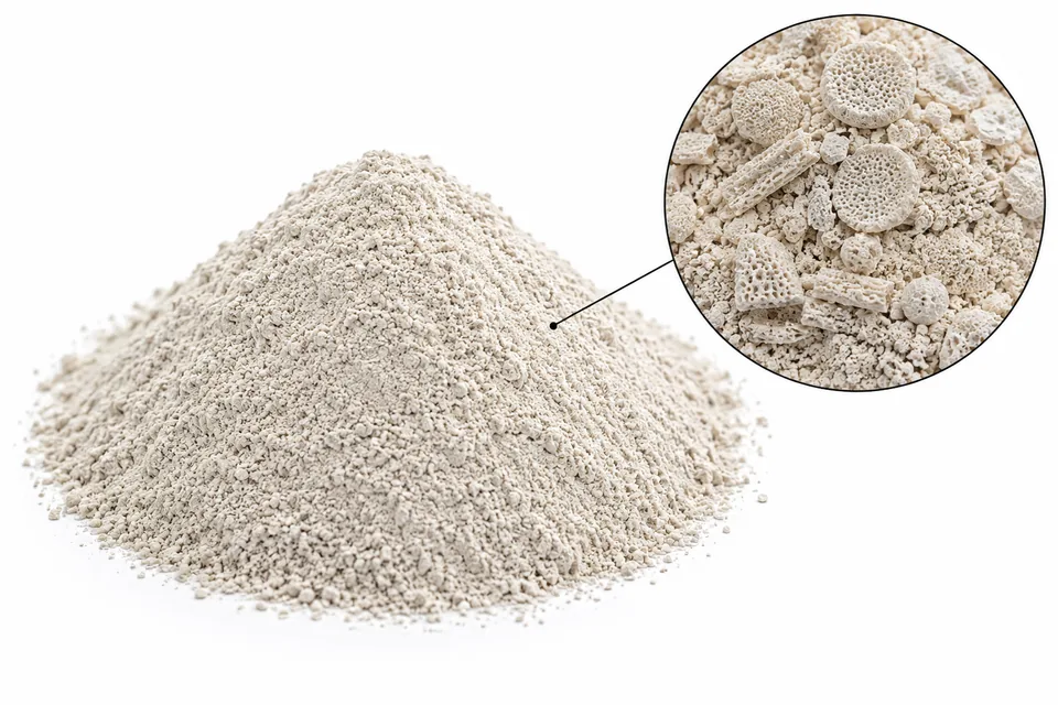 Referencia visual de diatomita: montículo de polvo beige claro sobre fondo blanco y detalle de frústulas porosas de diatomea