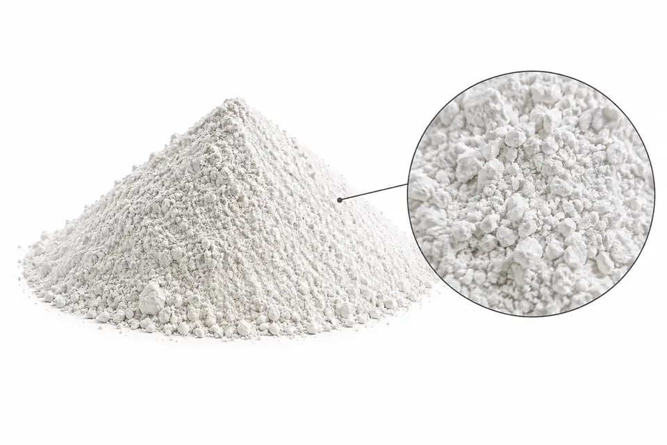 Referencia visual de yeso: montículo blanco sobre fondo blanco y detalle de polvo