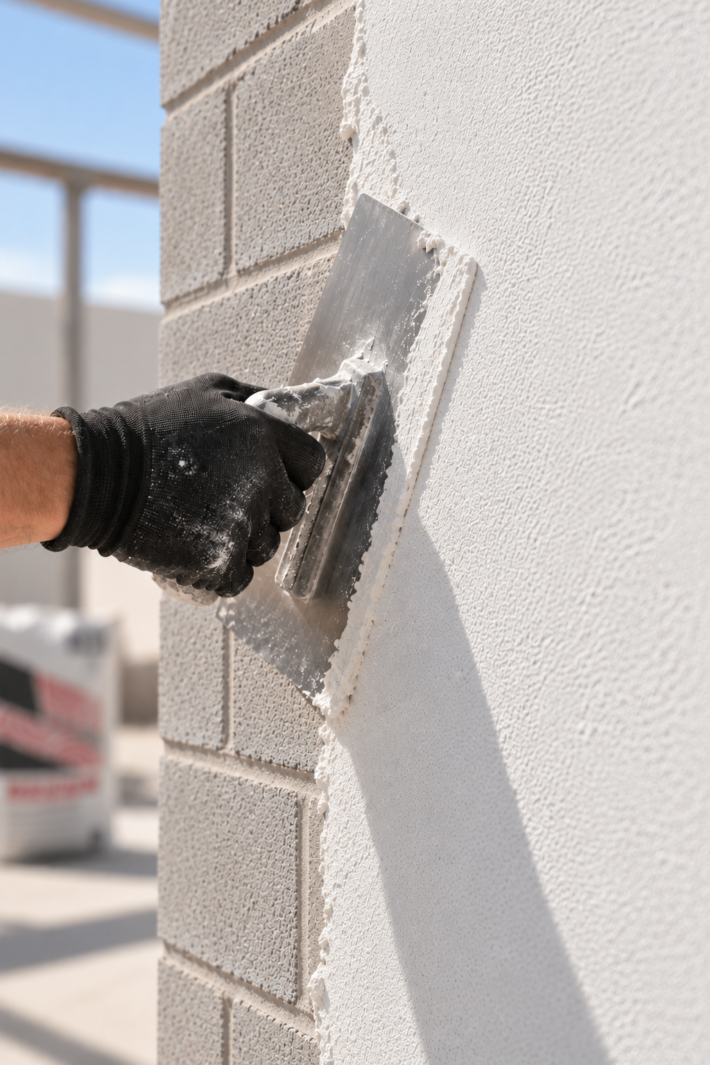 Aplicador extendiendo Waxtard Blanco Absoluto sobre block, con llana