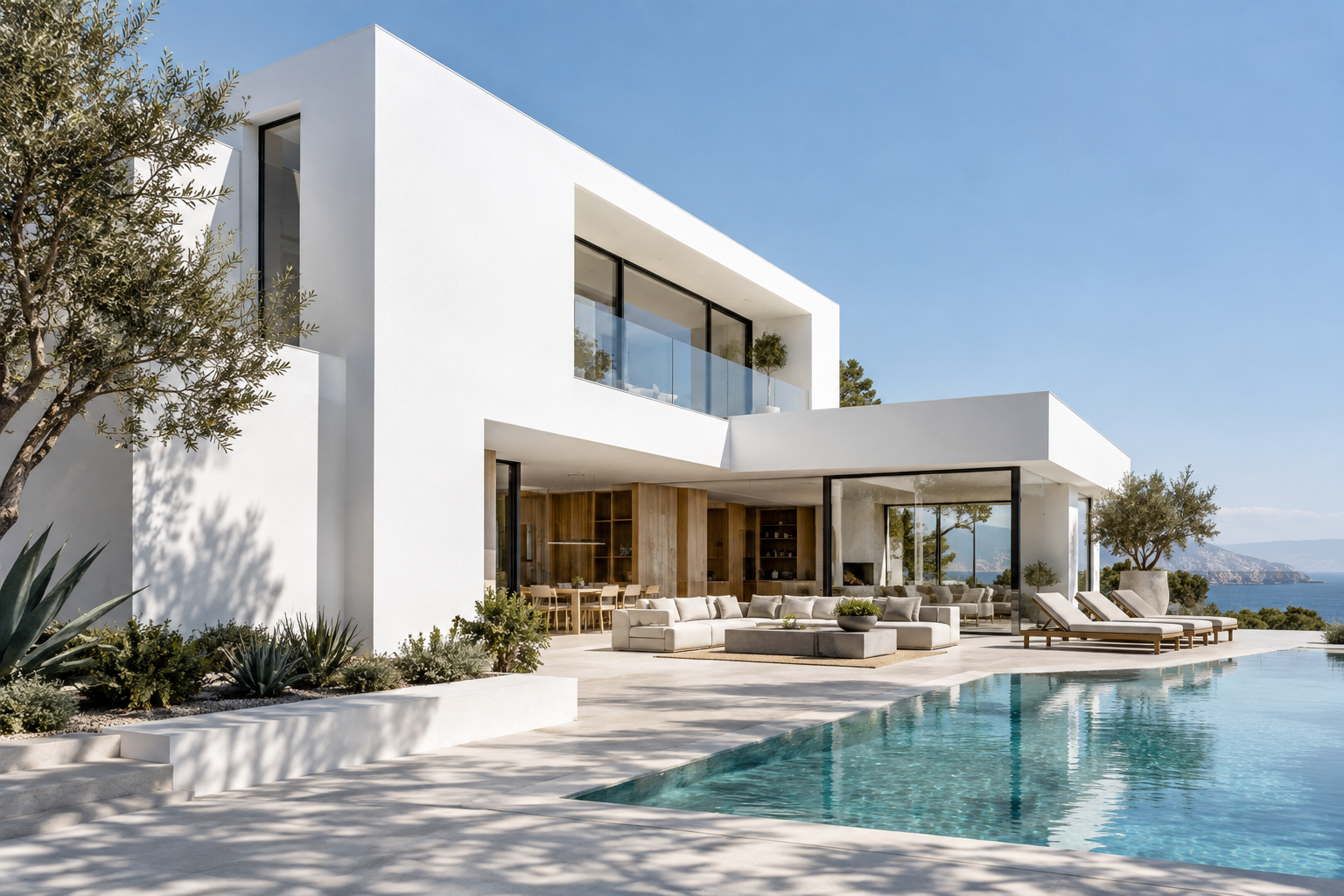Fachada contemporánea en Blanco Absoluto, con piscina y luz lateral