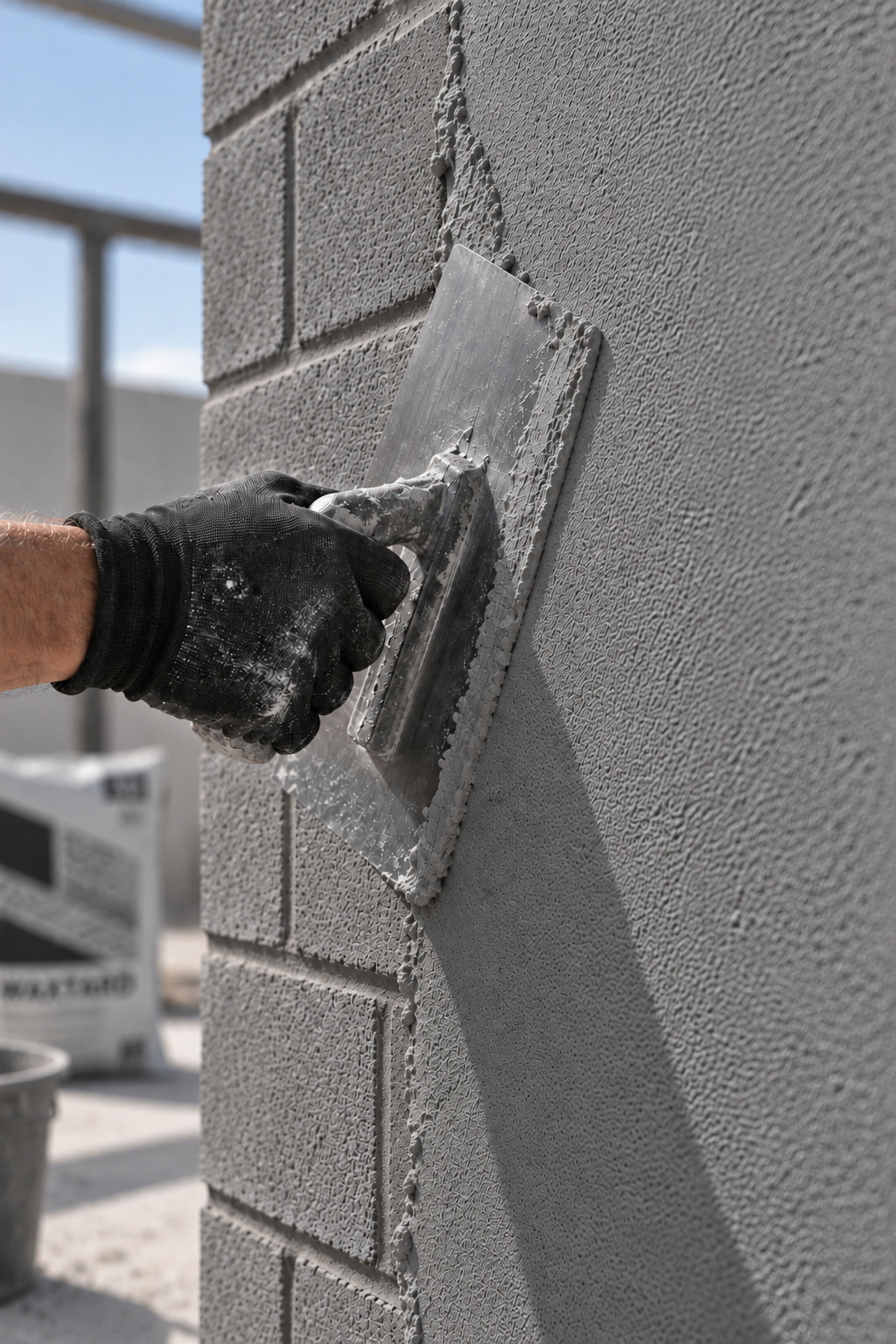 Aplicador extendiendo Waxtard Gris sobre block, con llana