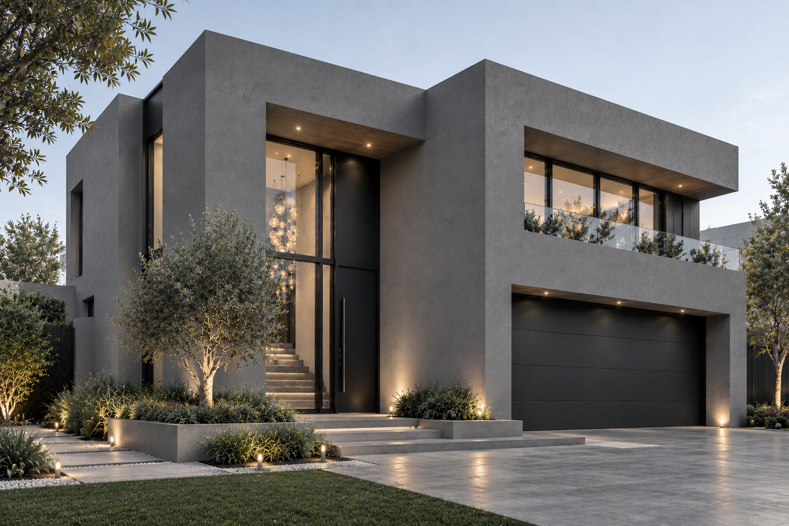 Casa contemporánea con acabado gris mineral, al atardecer